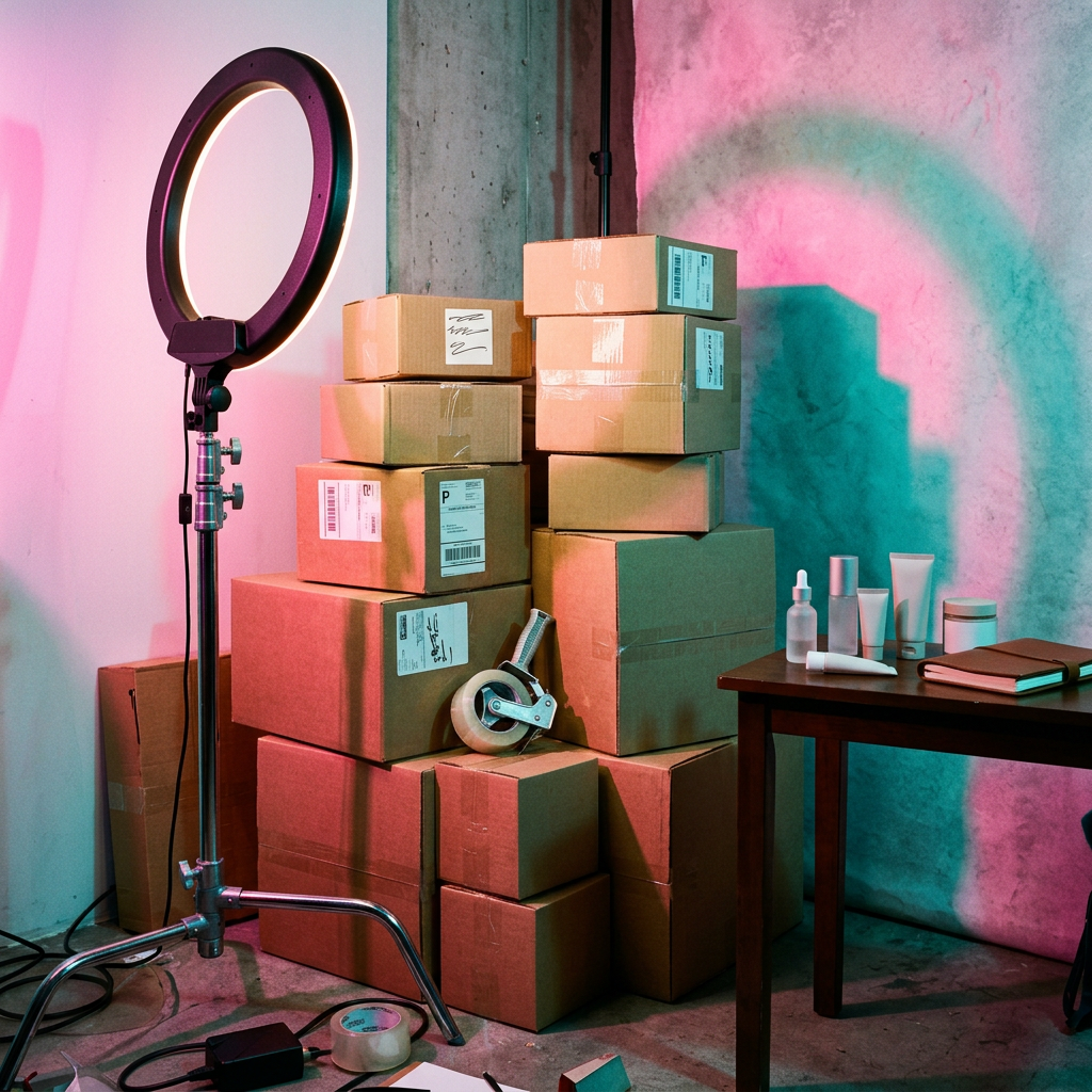 Stacked cardboard boxes beside an illuminated ring light and skincare products on a table