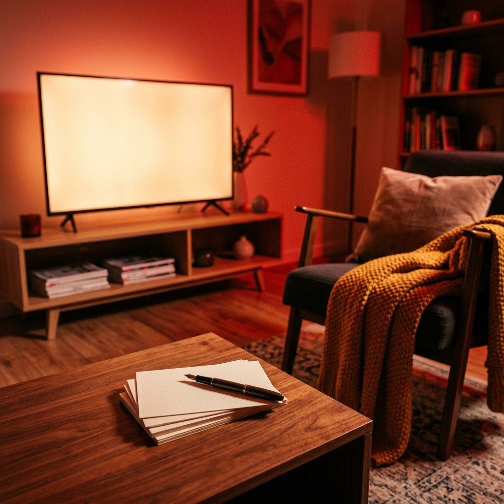 Fountain pen on blank paper on a table in a living room with a glowing television