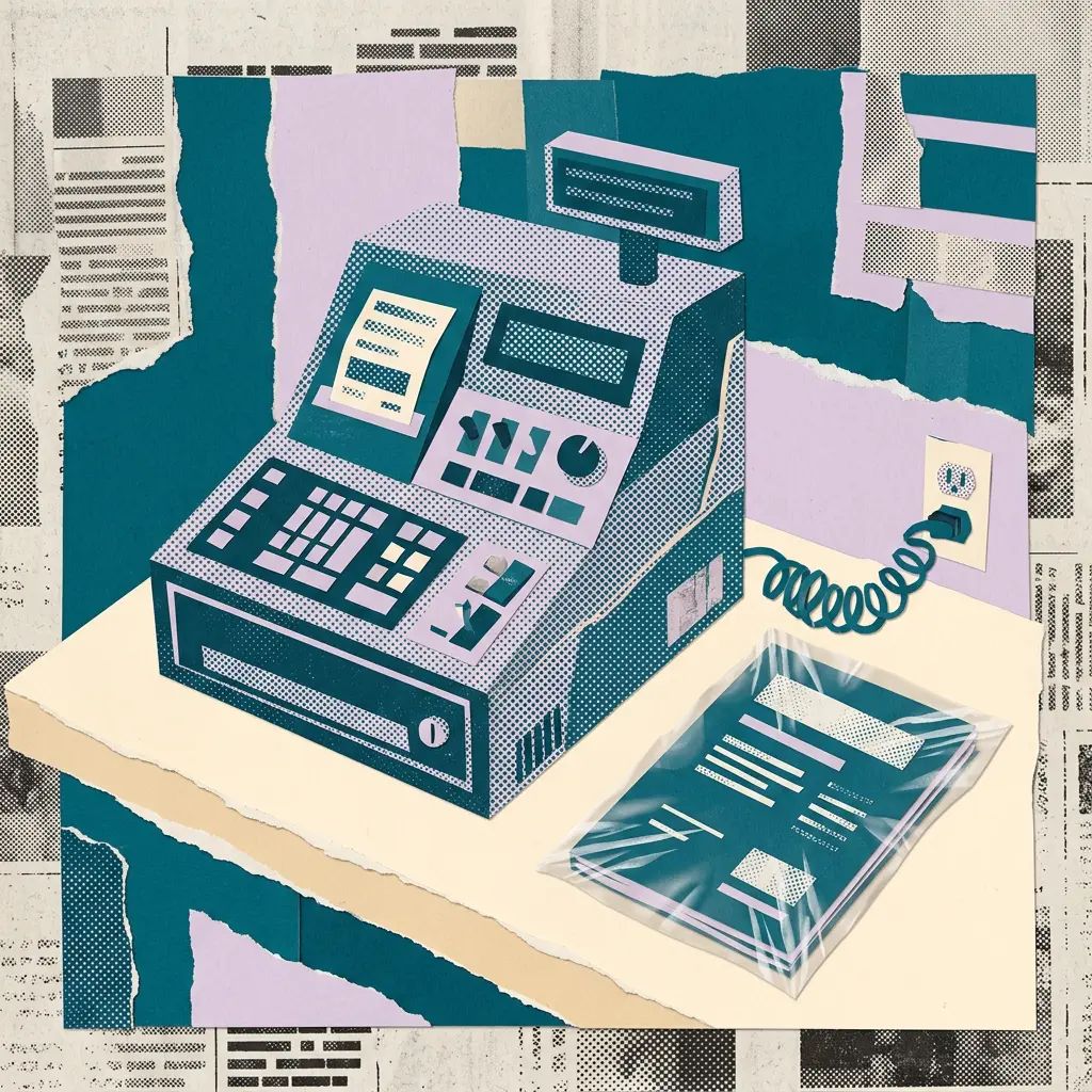 Paper collage illustration of a teal cash register plugged into a wall outlet beside wrapped paper