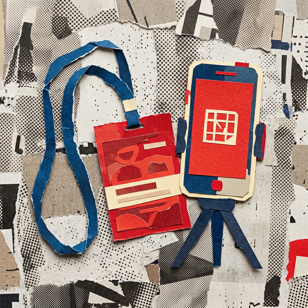 Paper cutout red press badge with lanyard next to a smartphone on a tripod over collage background