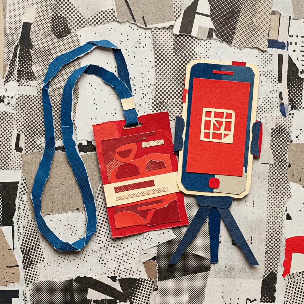 Paper cutout red press badge with lanyard next to a smartphone on a tripod over collage background