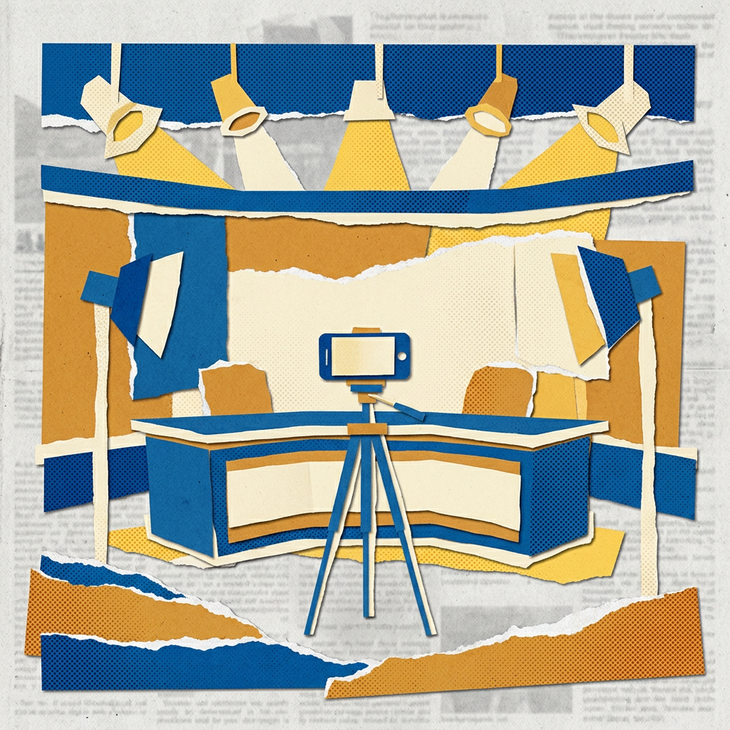 Cut paper collage of a news studio desk with spotlights and a smartphone on a tripod