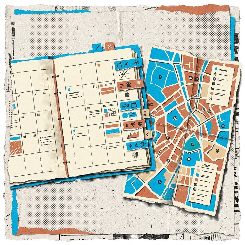 Illustration of an open planner with coloured date tabs beside a city map, for planning New York social media marketing events
