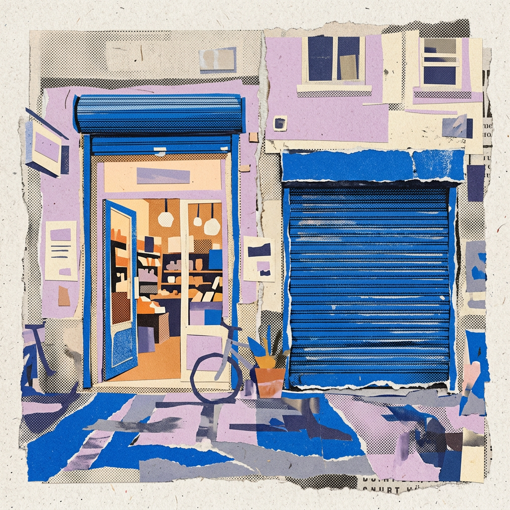 Paper collage illustration of an open shop door next to a closed blue shutter