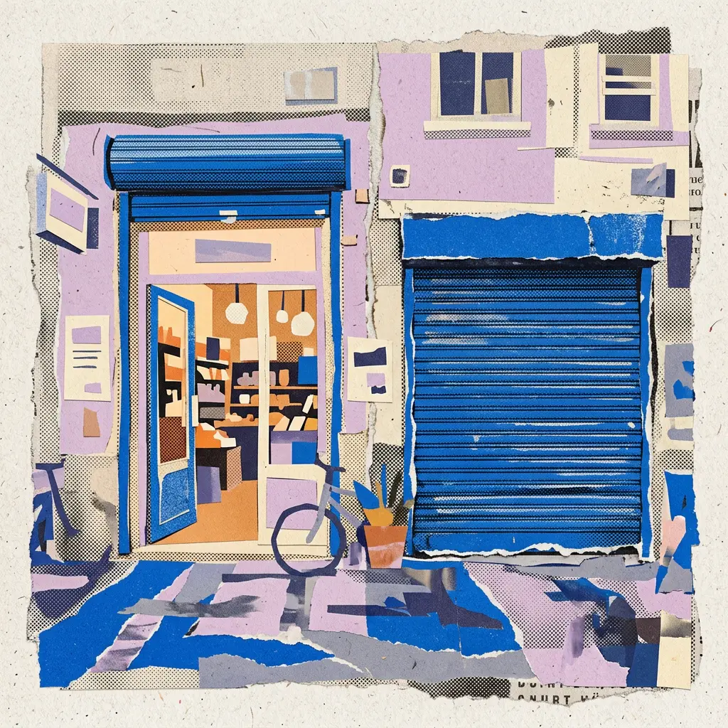 Paper collage illustration of an open shop door next to a closed blue shutter