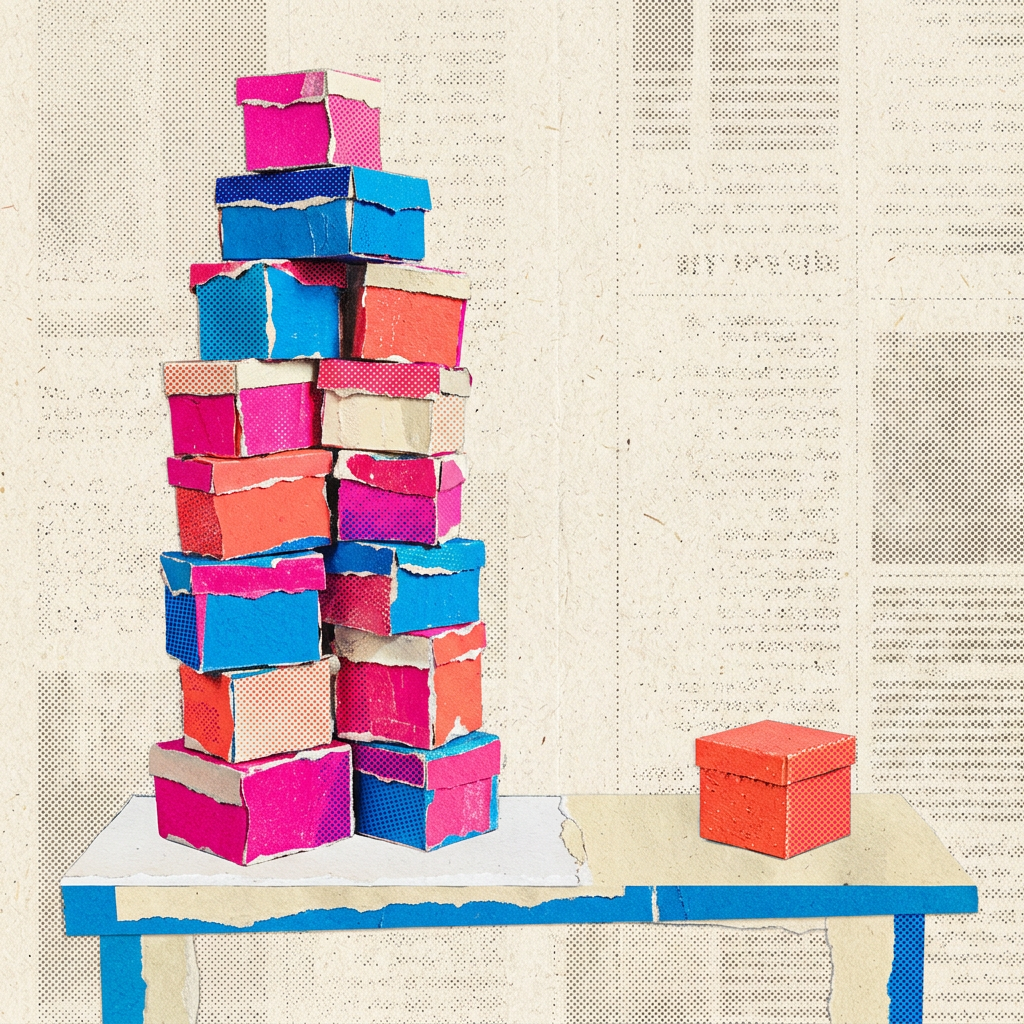 A tall stack of colorful boxes next to a single red box on a blue table