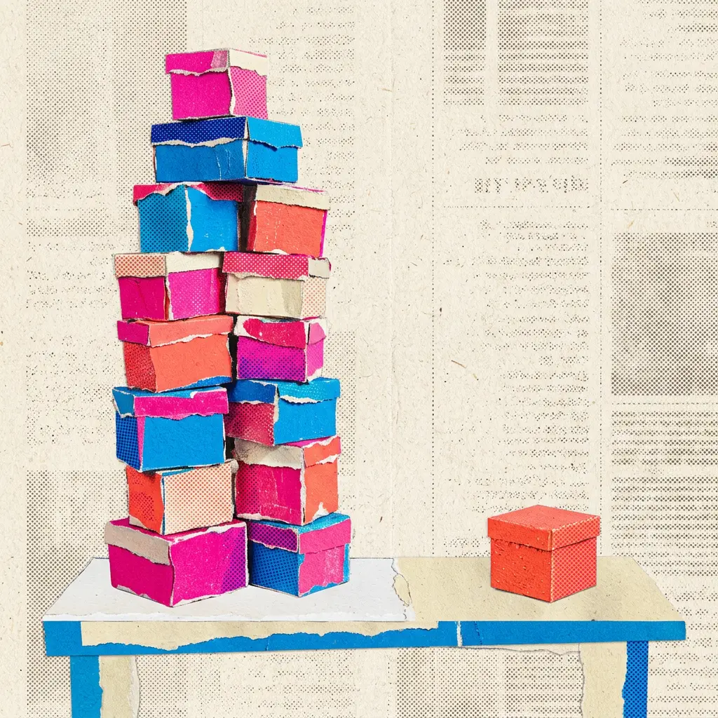 A tall stack of colorful boxes next to a single red box on a blue table