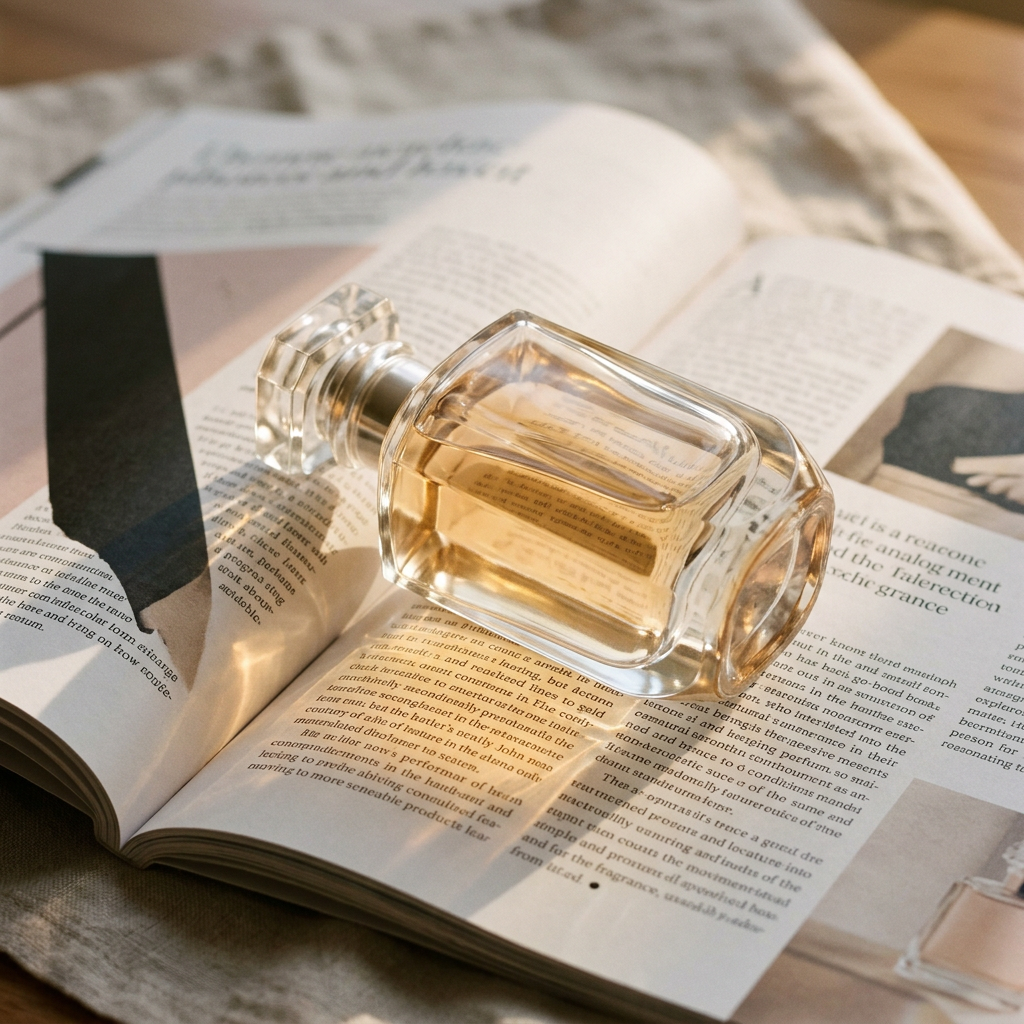 Clear glass perfume bottle with golden liquid resting on open pages of a printed book