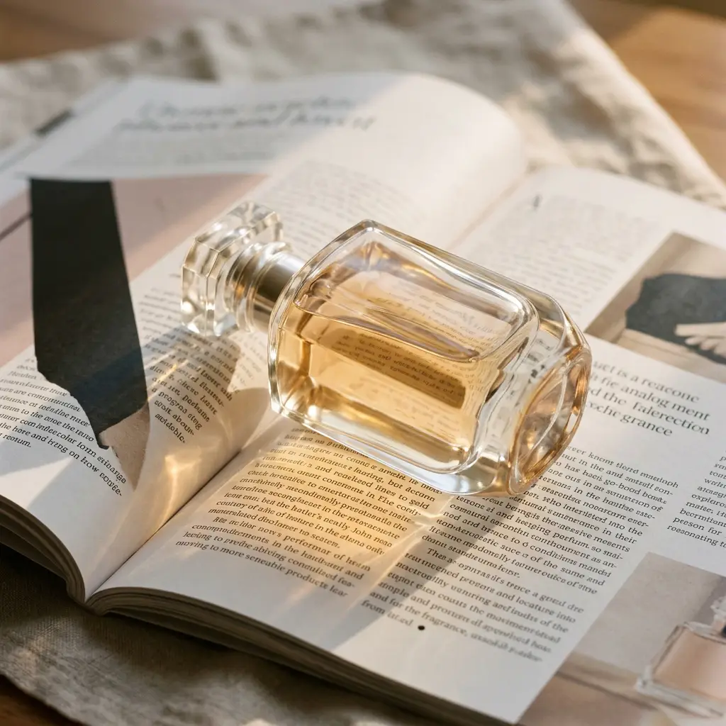 Clear glass perfume bottle with golden liquid resting on open pages of a printed book