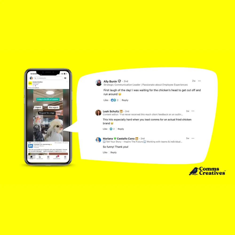 Smartphone displaying a video post beside a speech bubble showing comments on a bright yellow background