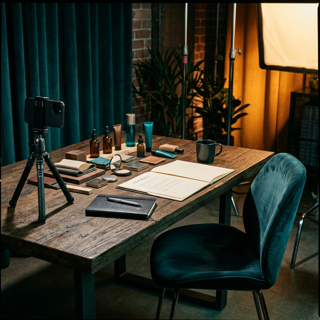 A smartphone on a tripod, skincare products, and an open contract sit on a wooden studio desk