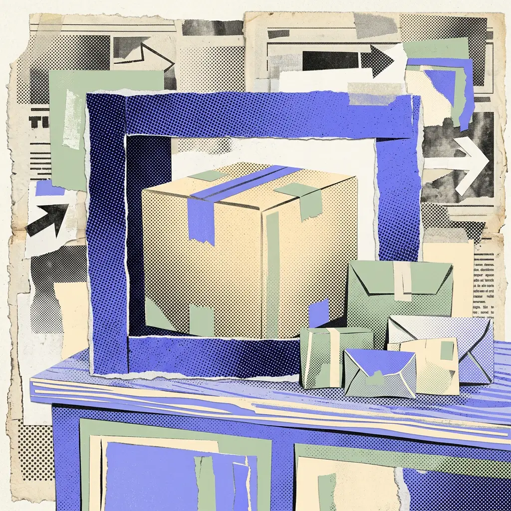 Collage illustration of a cardboard package inside a blue halftone frame with smaller envelopes nearby