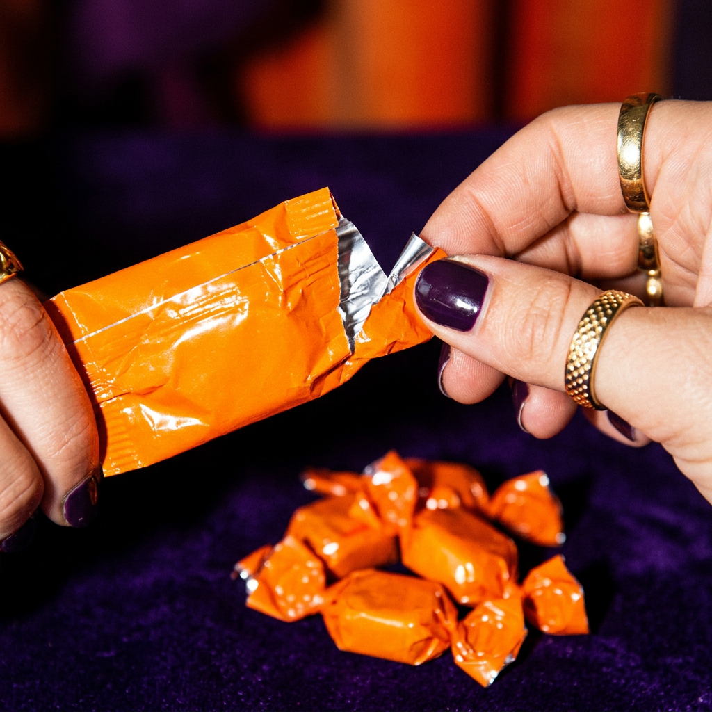 Hands wearing gold rings opening an orange foil wrapper above wrapped orange candies on purple fabric