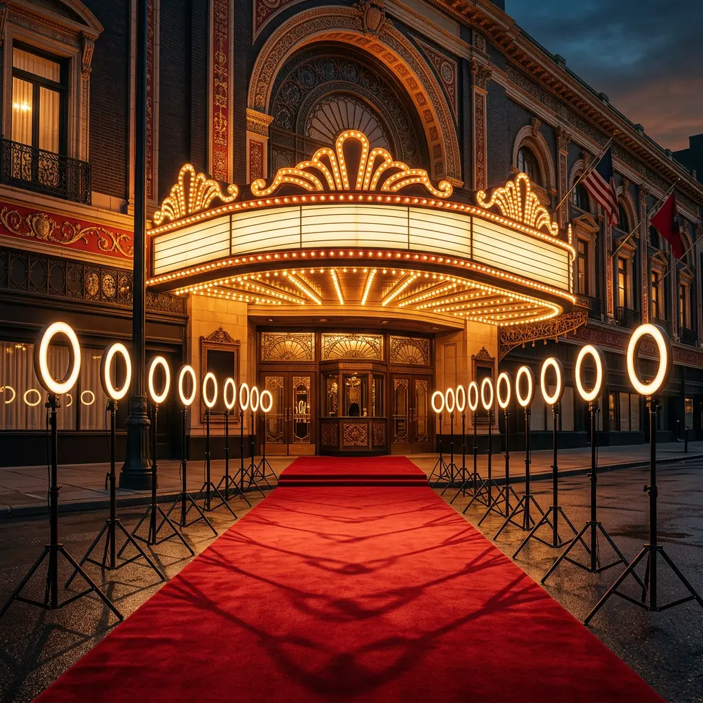 A red carpet lined with glowing ring lights on tripods leads to an illuminated theater marquee