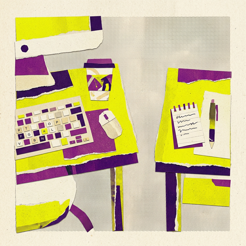 Paper collage of yellow and purple desks with a computer keyboard, mouse, coffee cup, and notepad