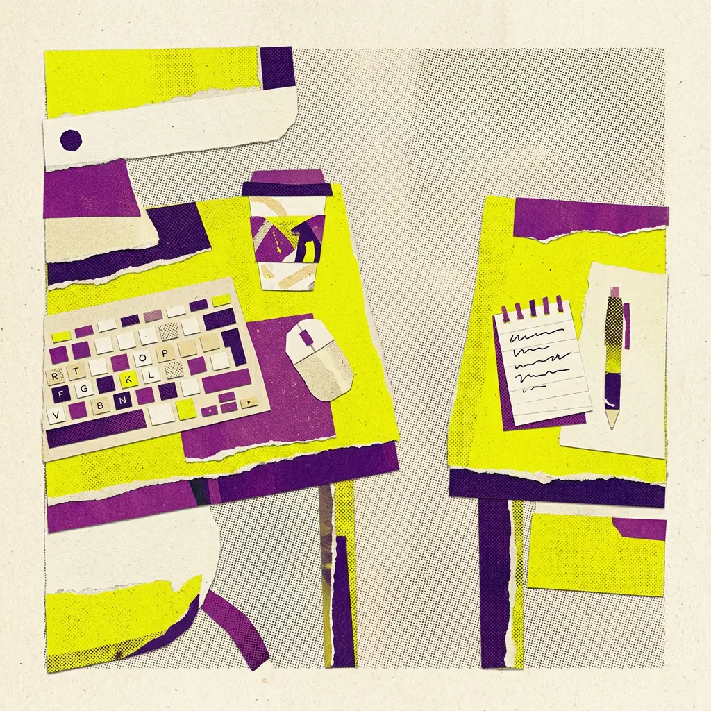 Paper collage of yellow and purple desks with a computer keyboard, mouse, coffee cup, and notepad