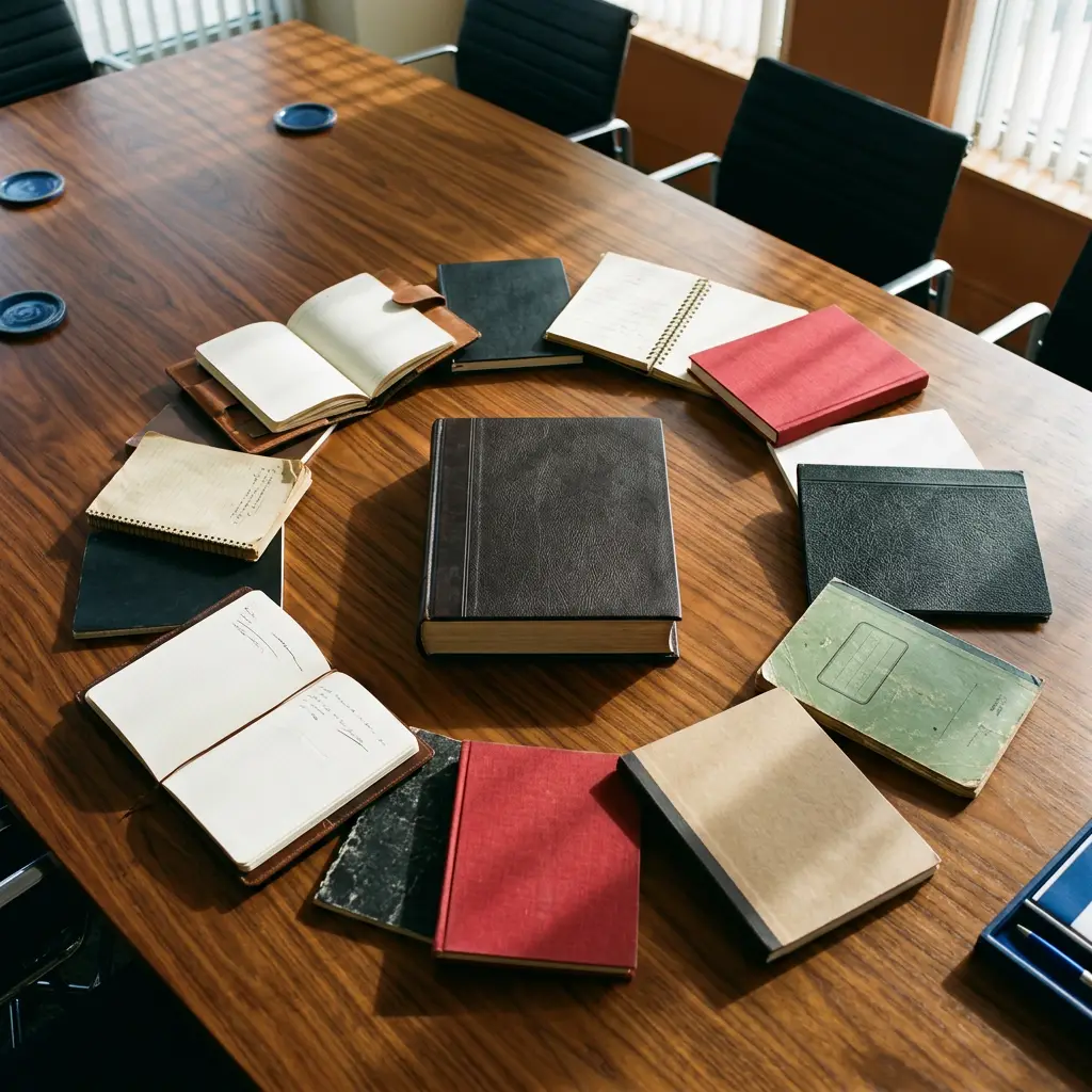 Various notebooks arranged in a circle around a thick leather book on a wooden conference table