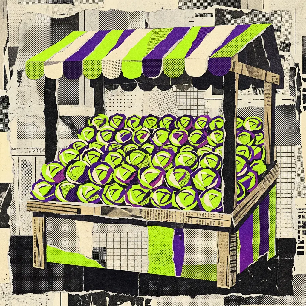 Paper collage of a market stall filled with purple and green cabbages under a striped canopy