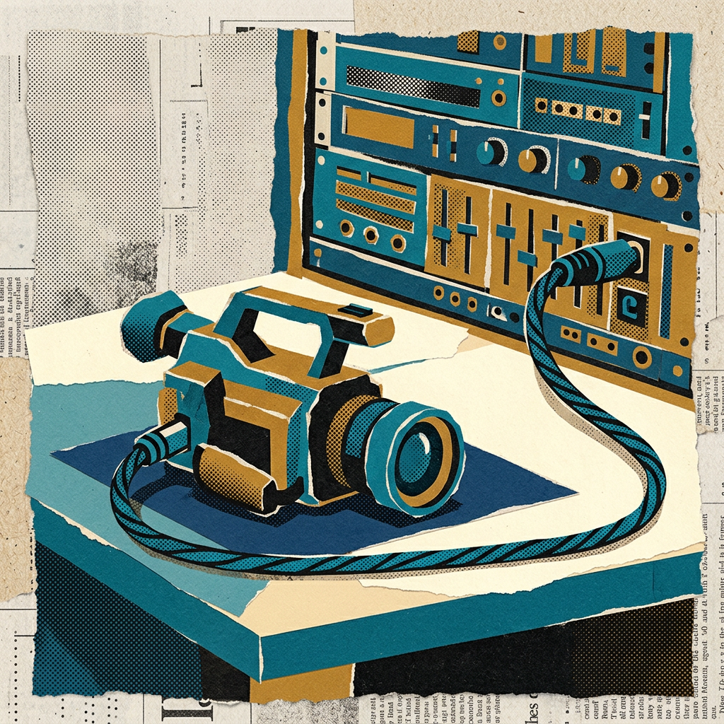 A video camera connected by a blue cable directly into a broadcasting audio control panel