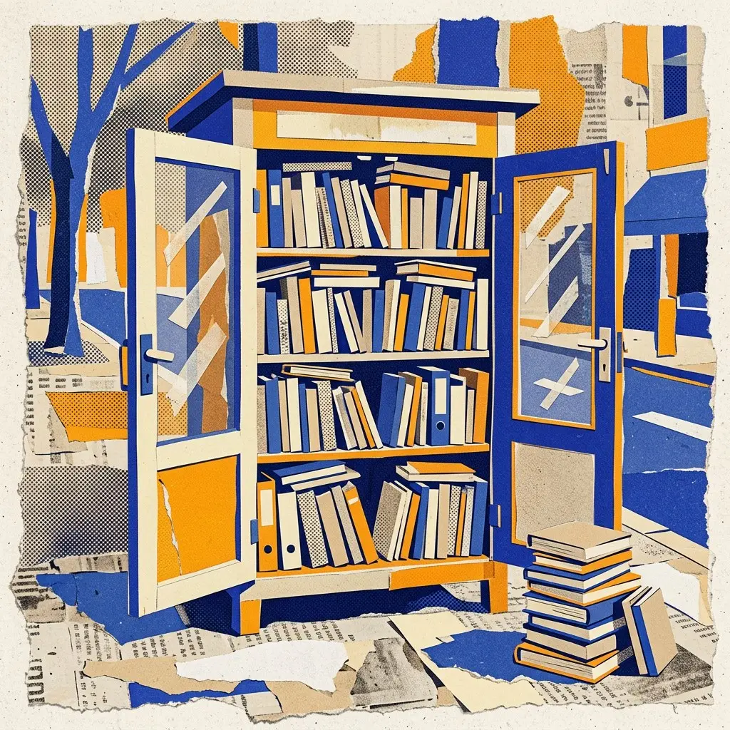 Paper collage of an open street book-swap cabinet packed with books, illustrating a big collection of free resources
