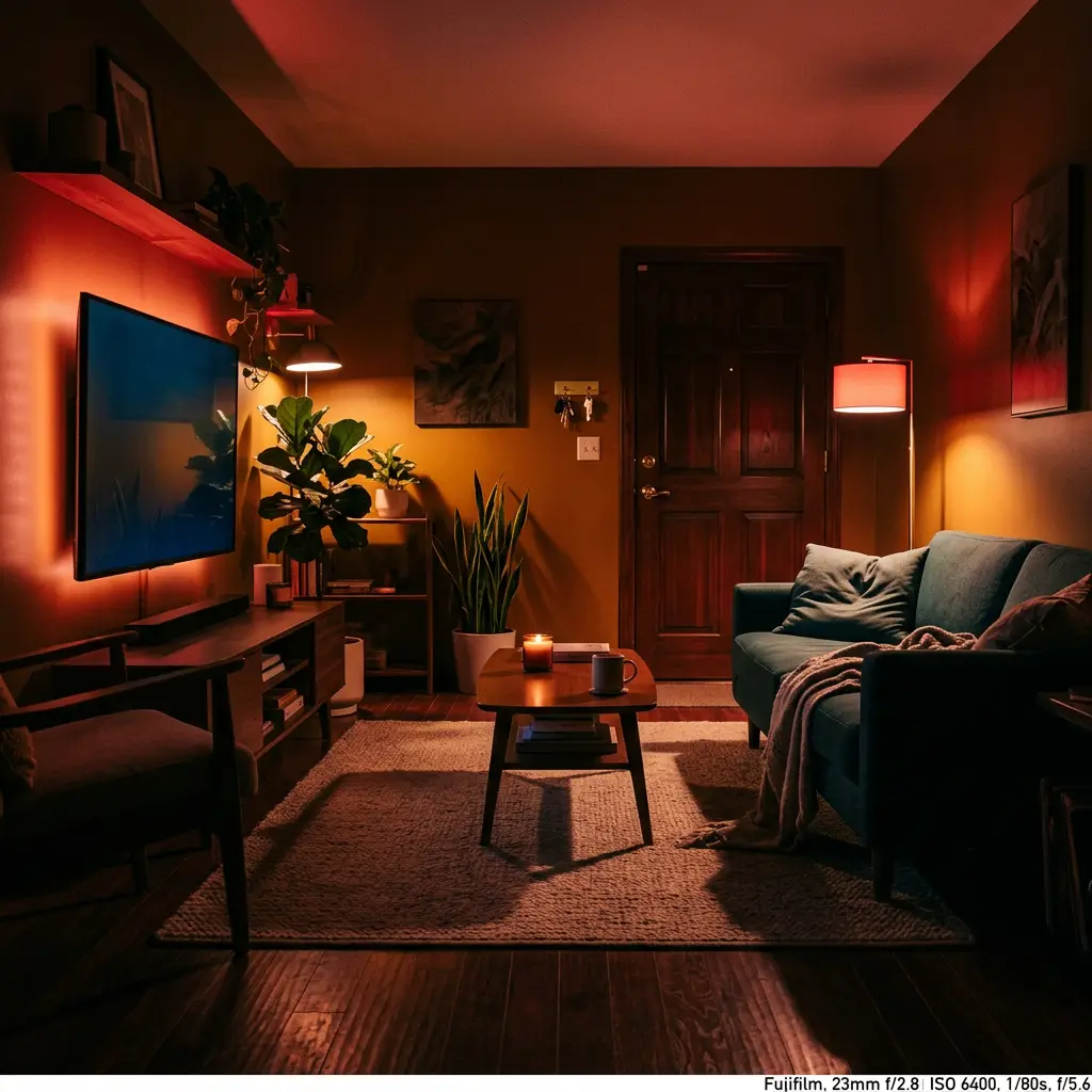 Cozy living room bathed in warm red ambient light with a television, sofa, and coffee table