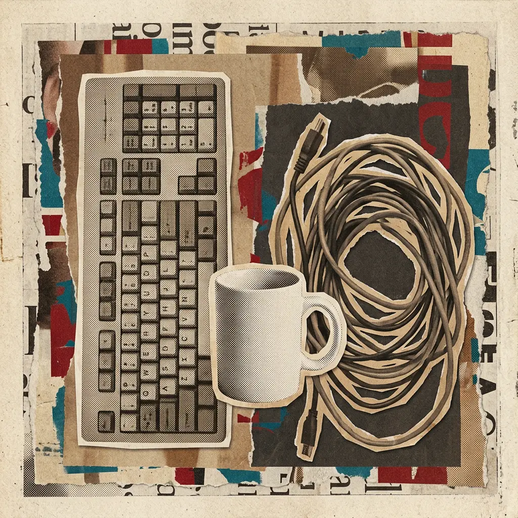 Overhead view of a wooden desk with a keyboard, open notebook, pen, coiled cables, and plant