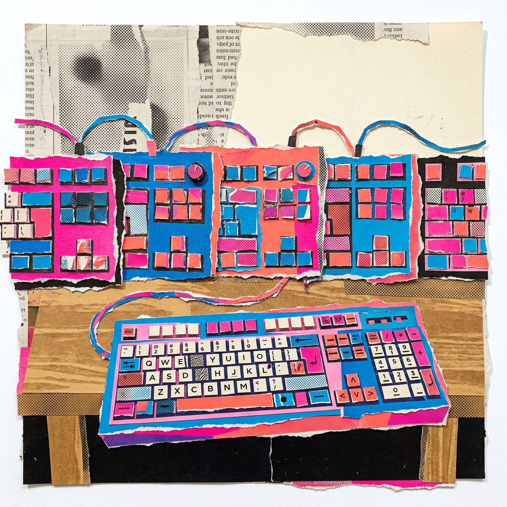 Paper collage artwork of a colorful computer keyboard and multiple screens on a desk