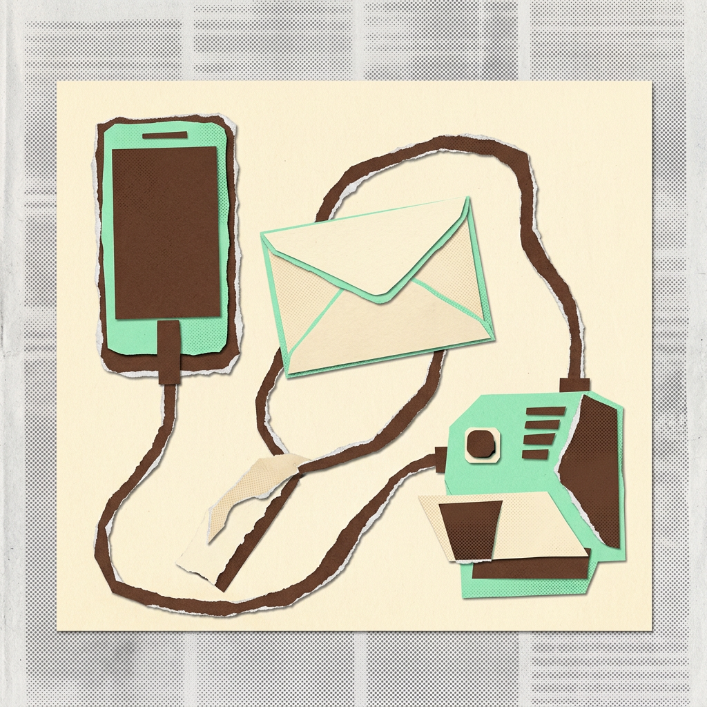 Paper cutout illustration of a smartphone, an envelope, and a machine connected by paper cords