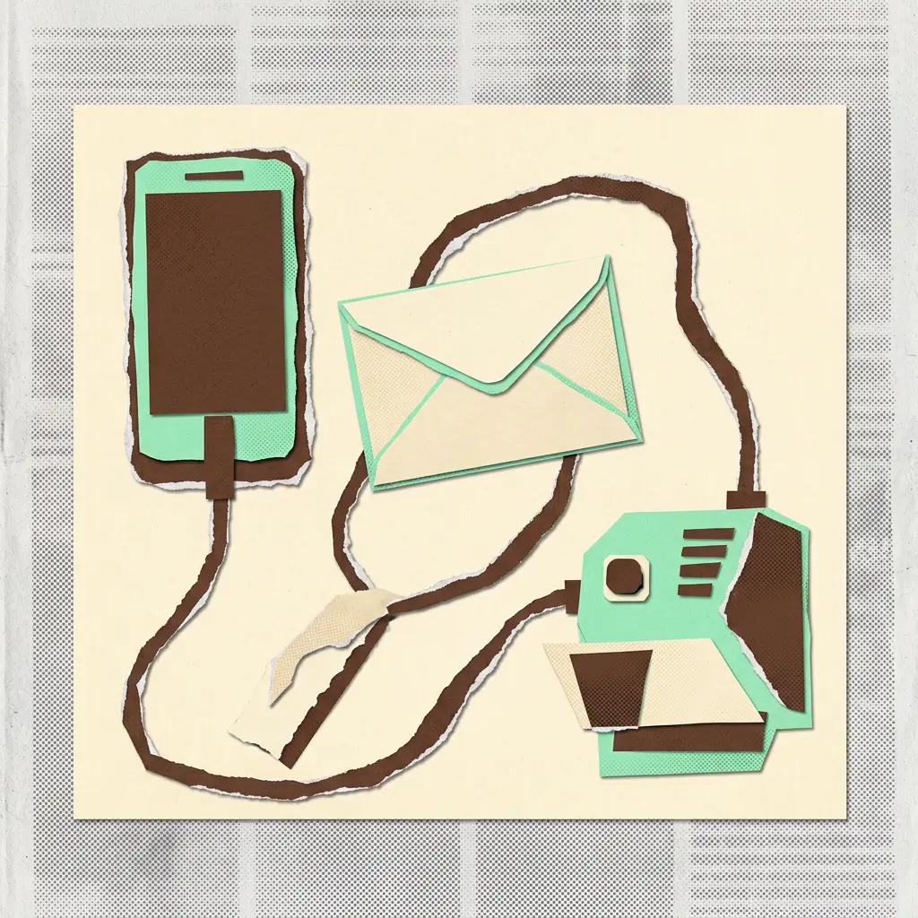 Paper cutout illustration of a smartphone, an envelope, and a machine connected by paper cords