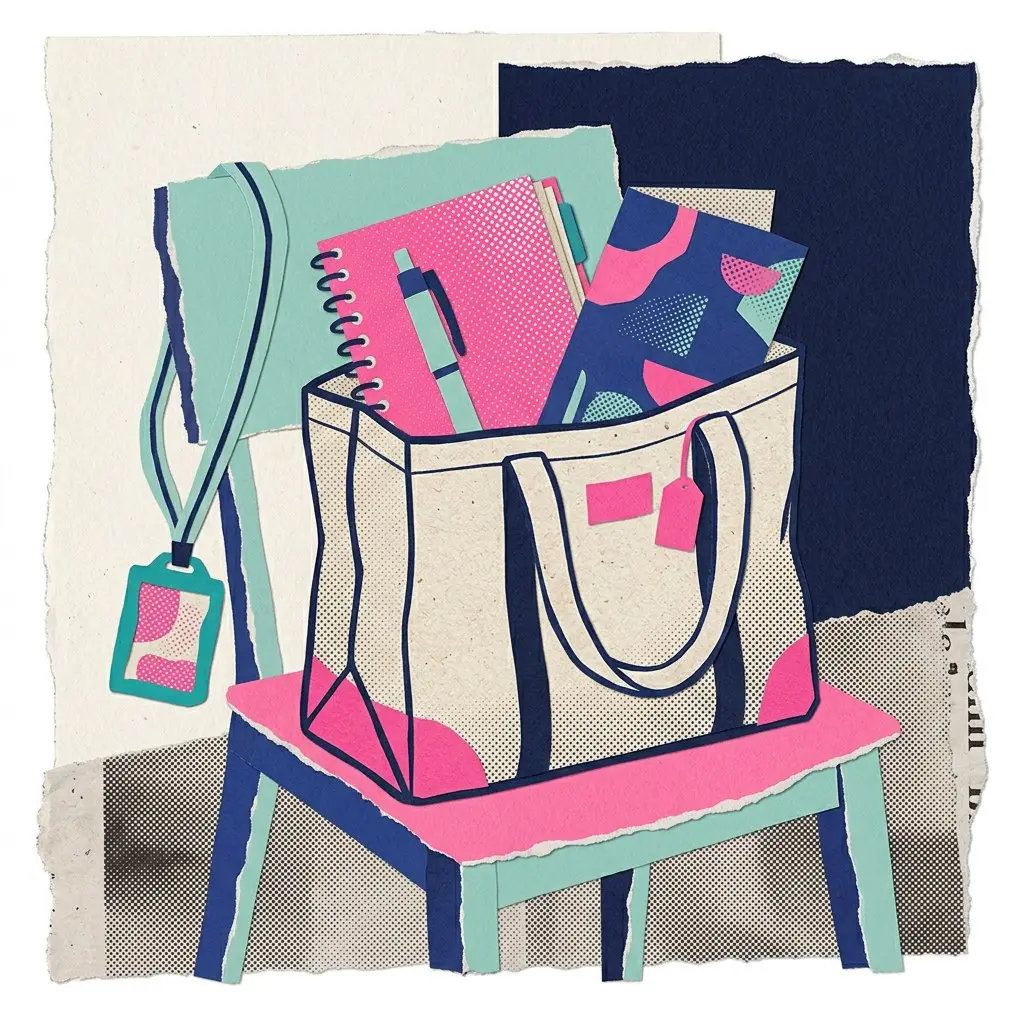 Illustration of a conference tote bag on a chair holding a notebook, pen and event programme, with a lanyard hanging from the chair