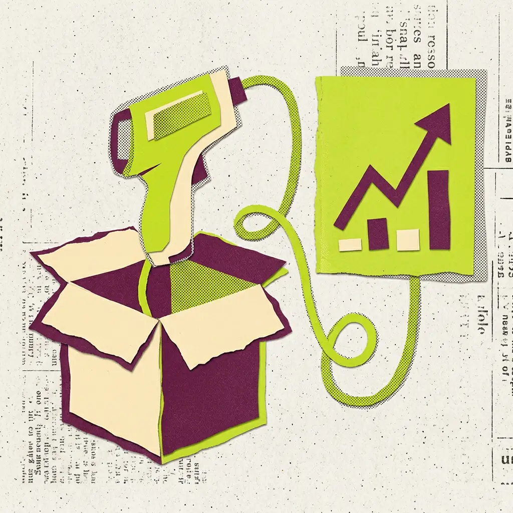Paper collage of a new tool lifted out of an open box, connected by a cable to a rising growth chart