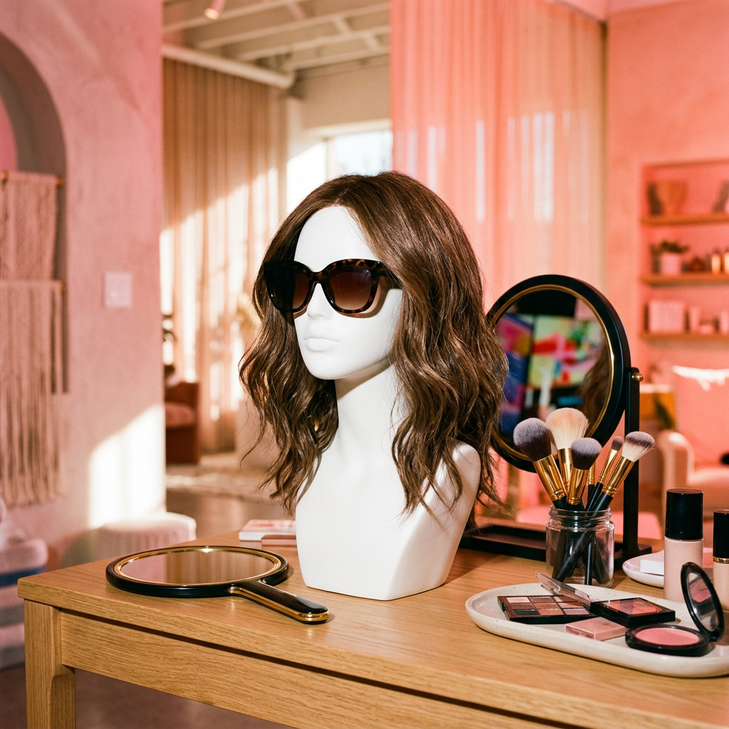White mannequin head wearing sunglasses and a brown wig on a vanity table with makeup