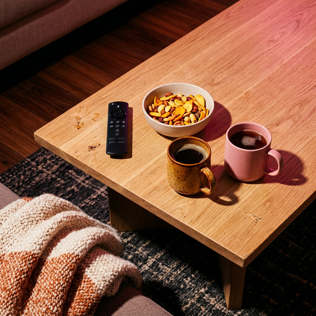 A black TV remote, a bowl of snacks, and two coffee mugs on a wooden coffee table