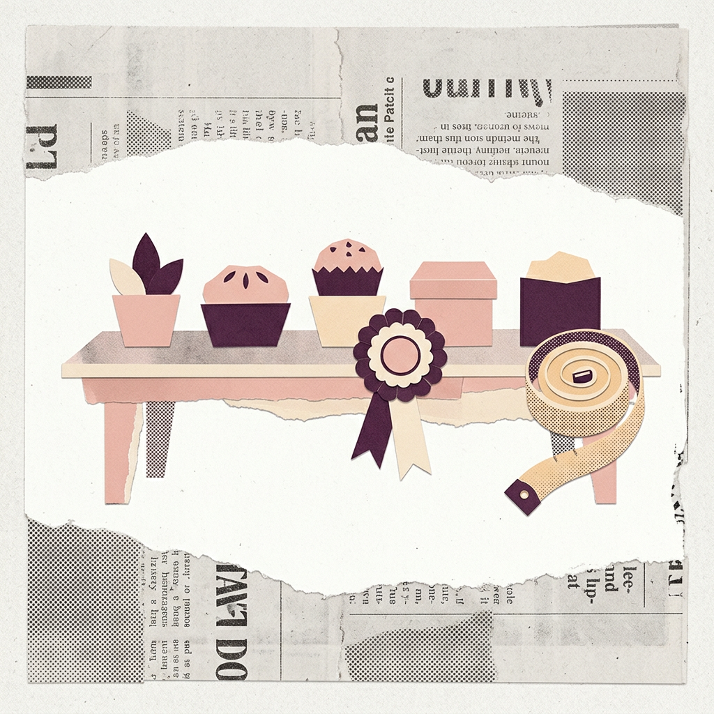 Paper collage illustration of a table with pastries, a potted plant, award ribbon, and measuring tape