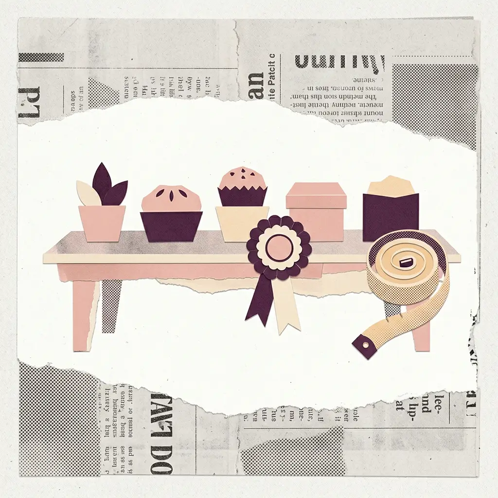 Paper collage illustration of a table with pastries, a potted plant, award ribbon, and measuring tape