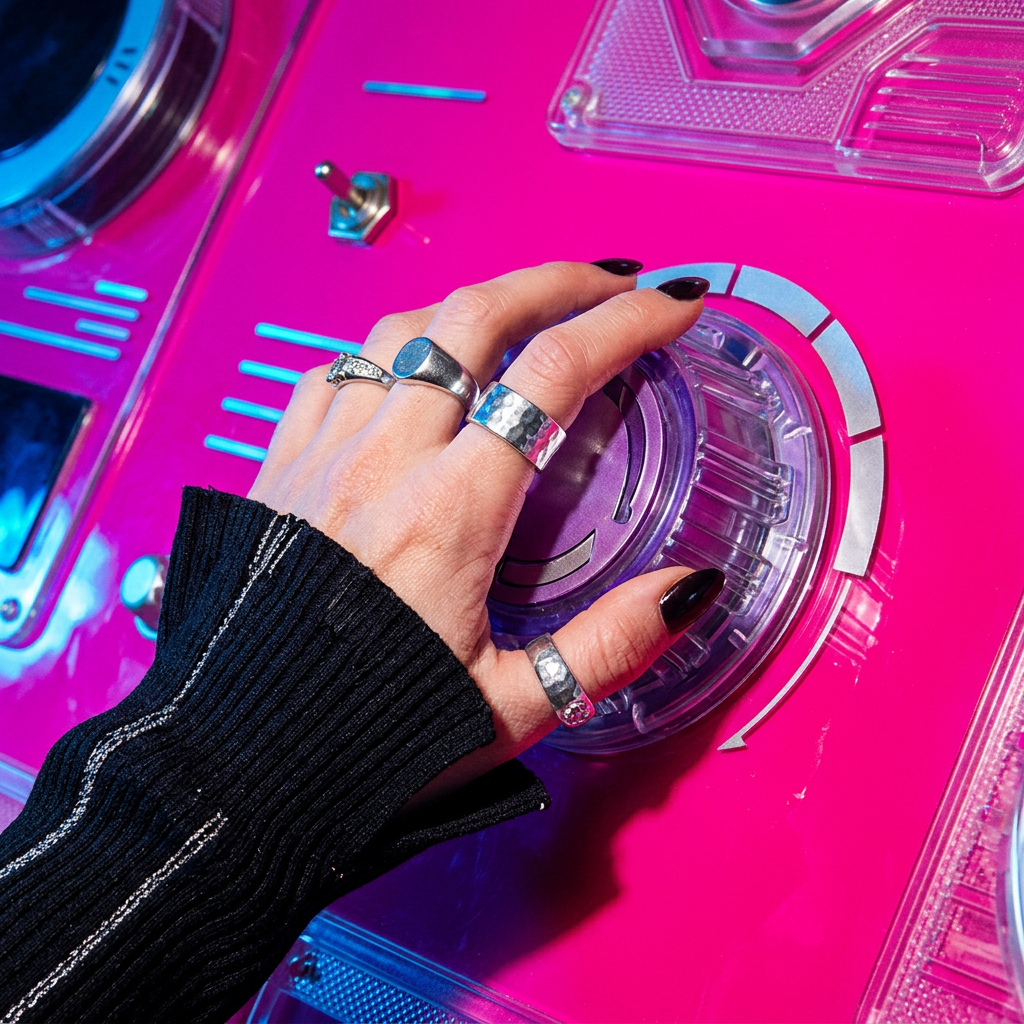 A hand wearing silver rings turns a clear dial on a bright pink control console
