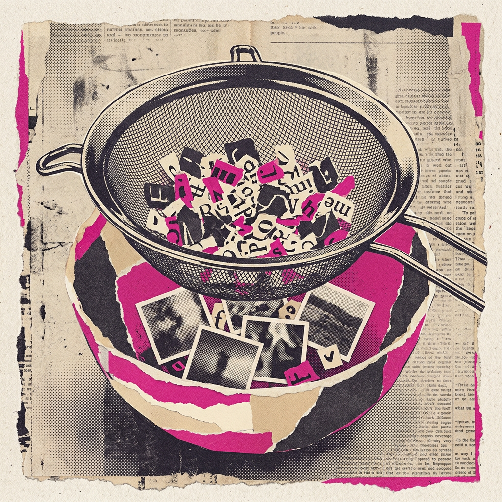 Cutout paper letters caught in a mesh strainer while small photos pass through to a bowl