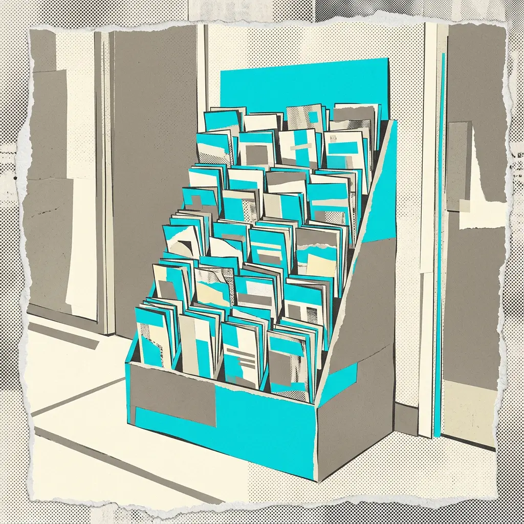 A tiered cardboard display rack filled with cyan and grey pamphlets in a halftone graphic style