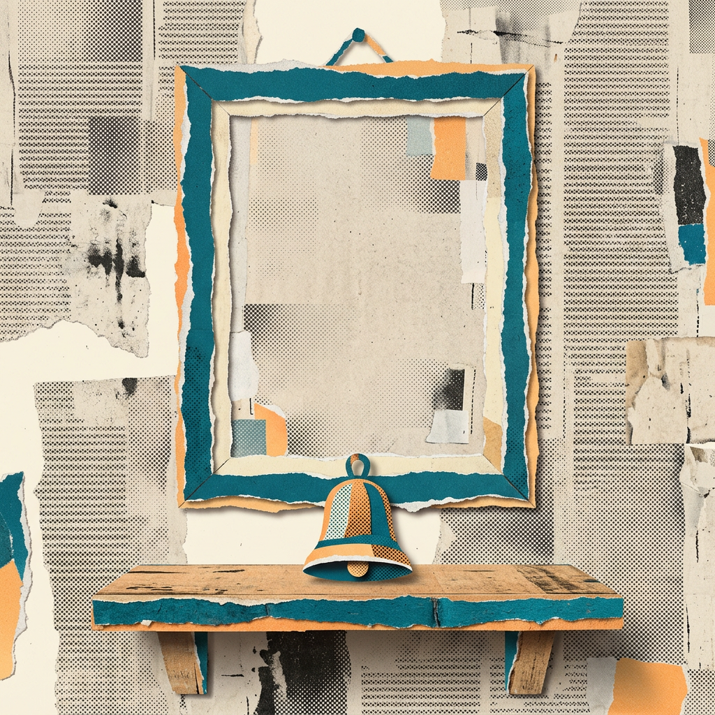 Paper collage of an empty teal frame above a wooden shelf holding a small desk bell