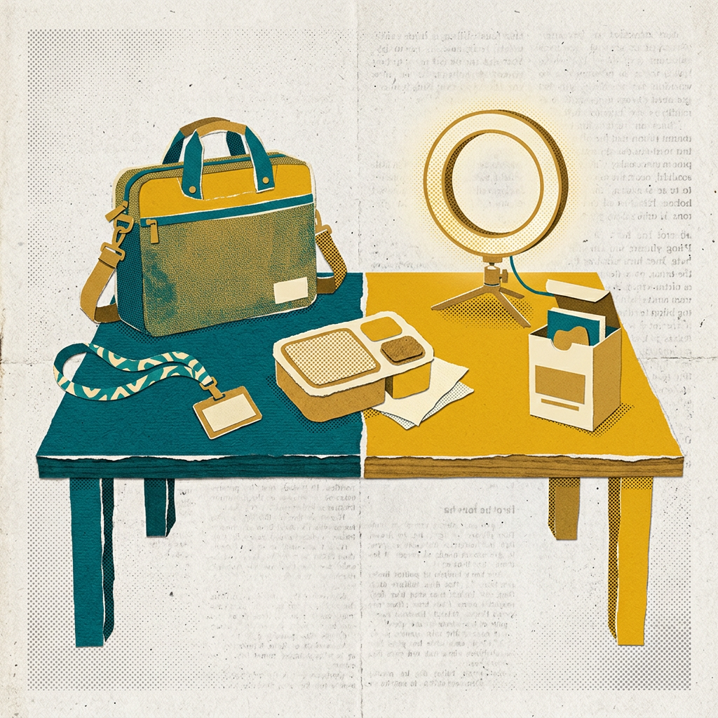 Paper cutout illustration of a split desk with a work bag, ID badge, and glowing ring light