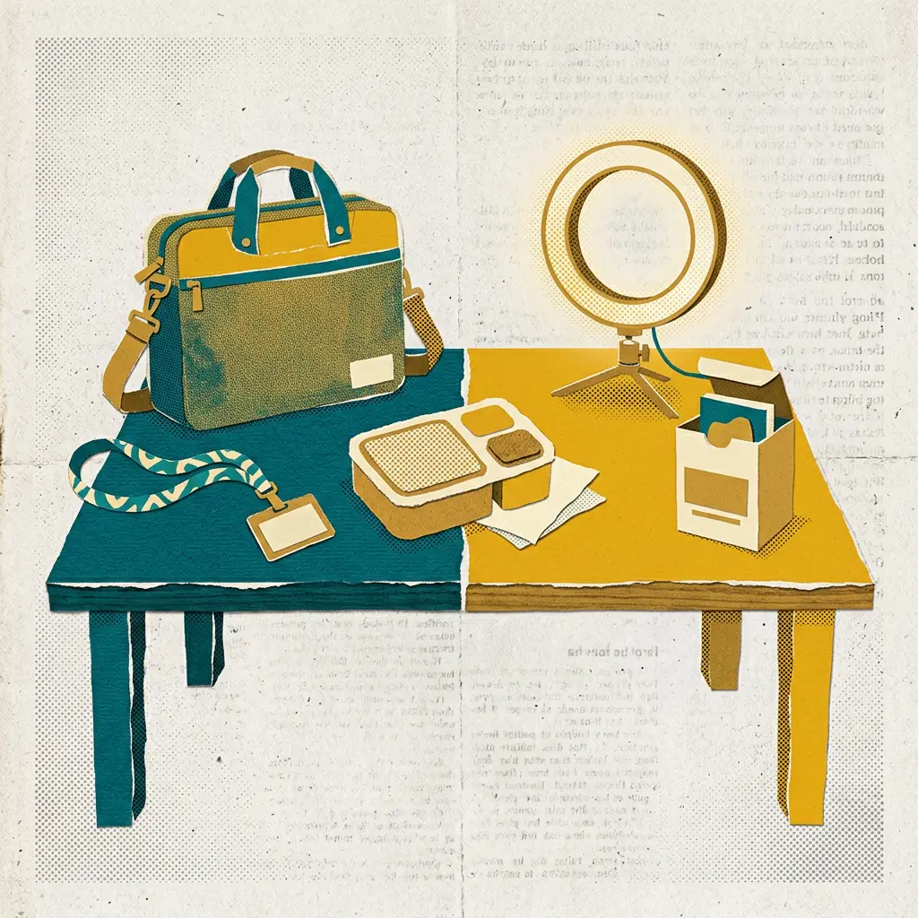 Paper cutout illustration of a split desk with a work bag, ID badge, and glowing ring light