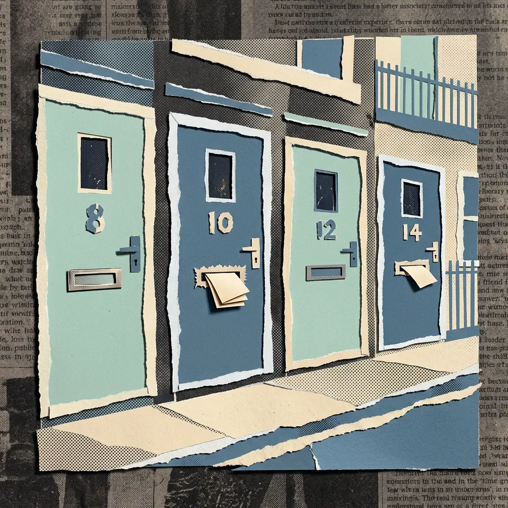 Paper collage illustration of four numbered front doors with mail sticking out of slots