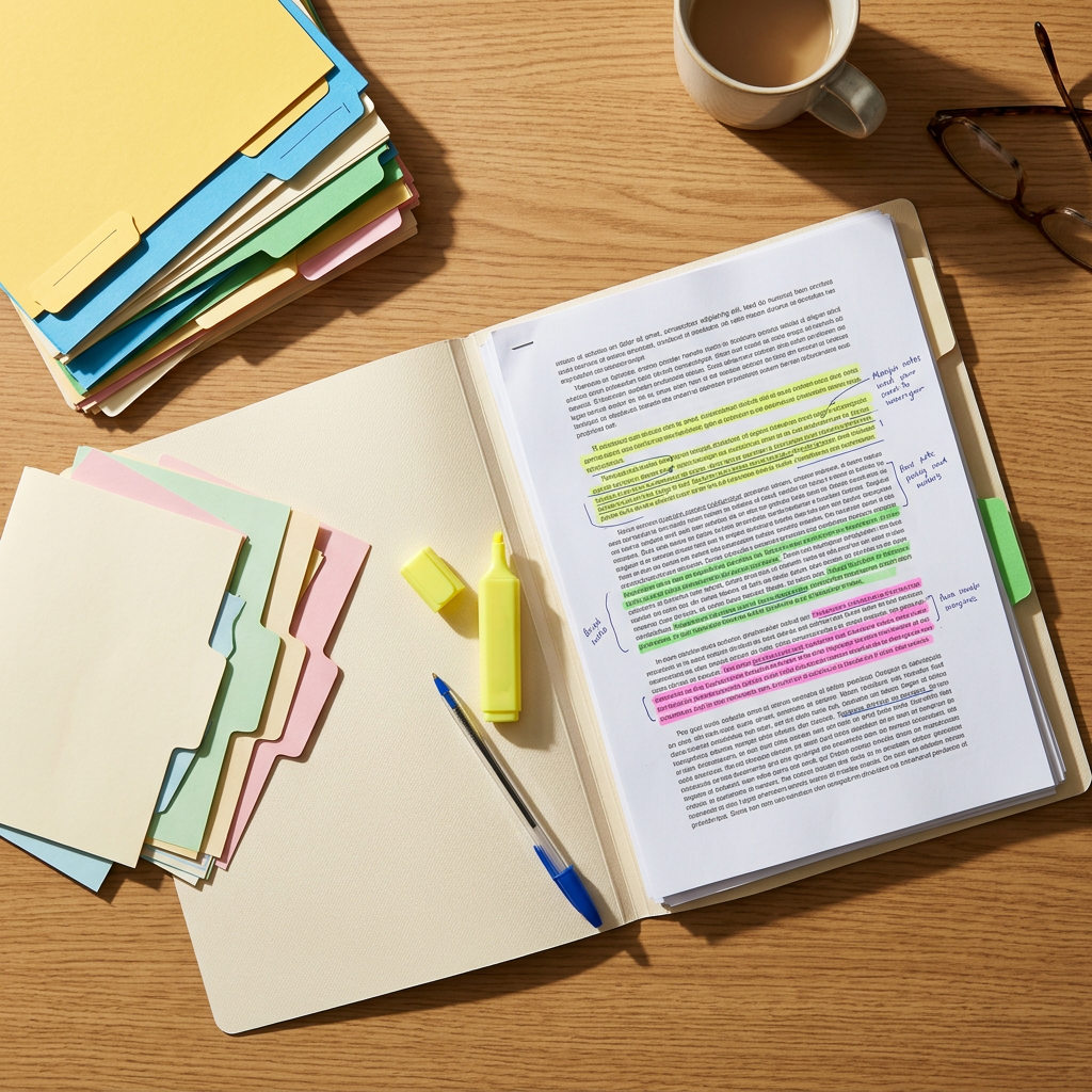 Highlighted documents in an open folder with pens, eyeglasses, and coffee on a wooden desk