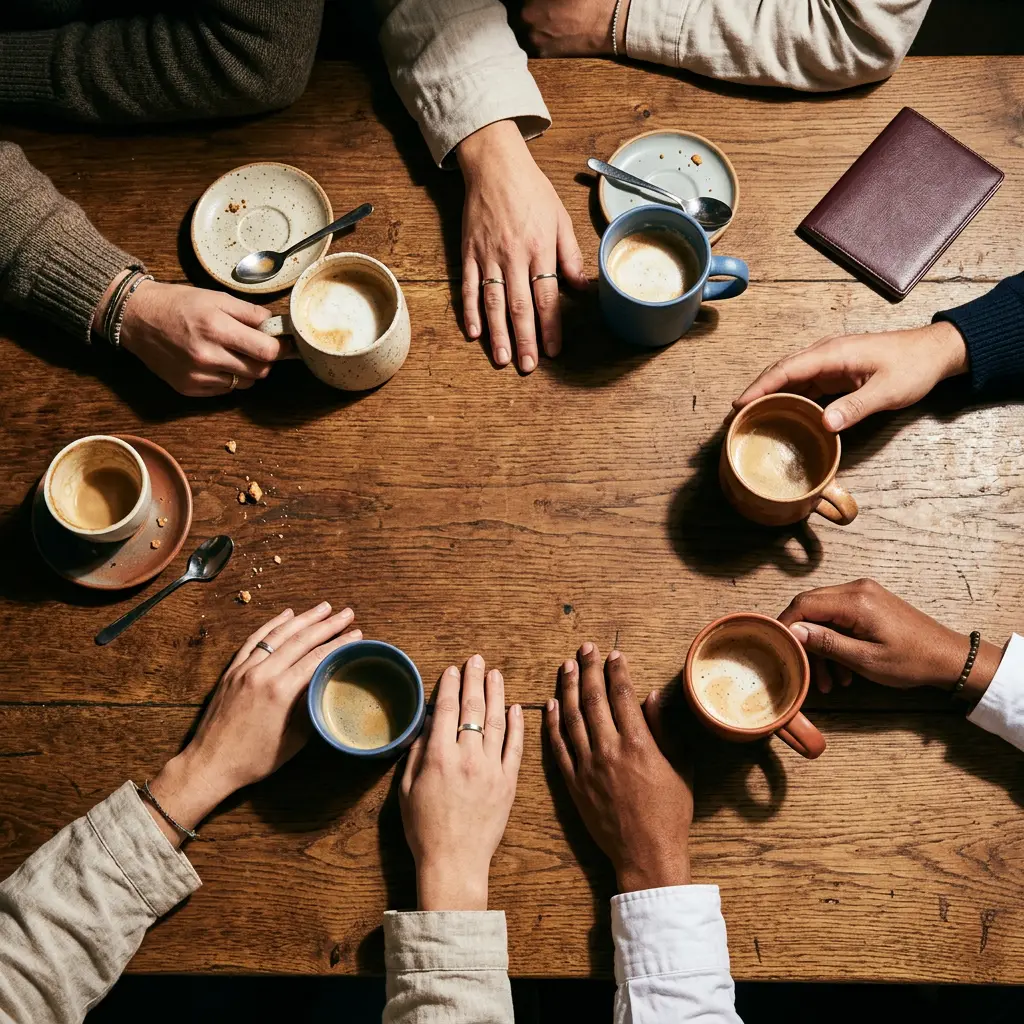 Overhead view of people sitting around a wooden table with coffee cups and resting hands