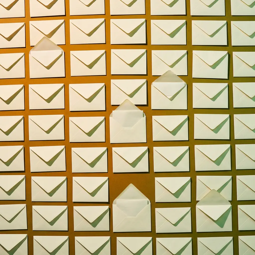 Grid of white envelopes on a brown background with a few open envelopes scattered throughout