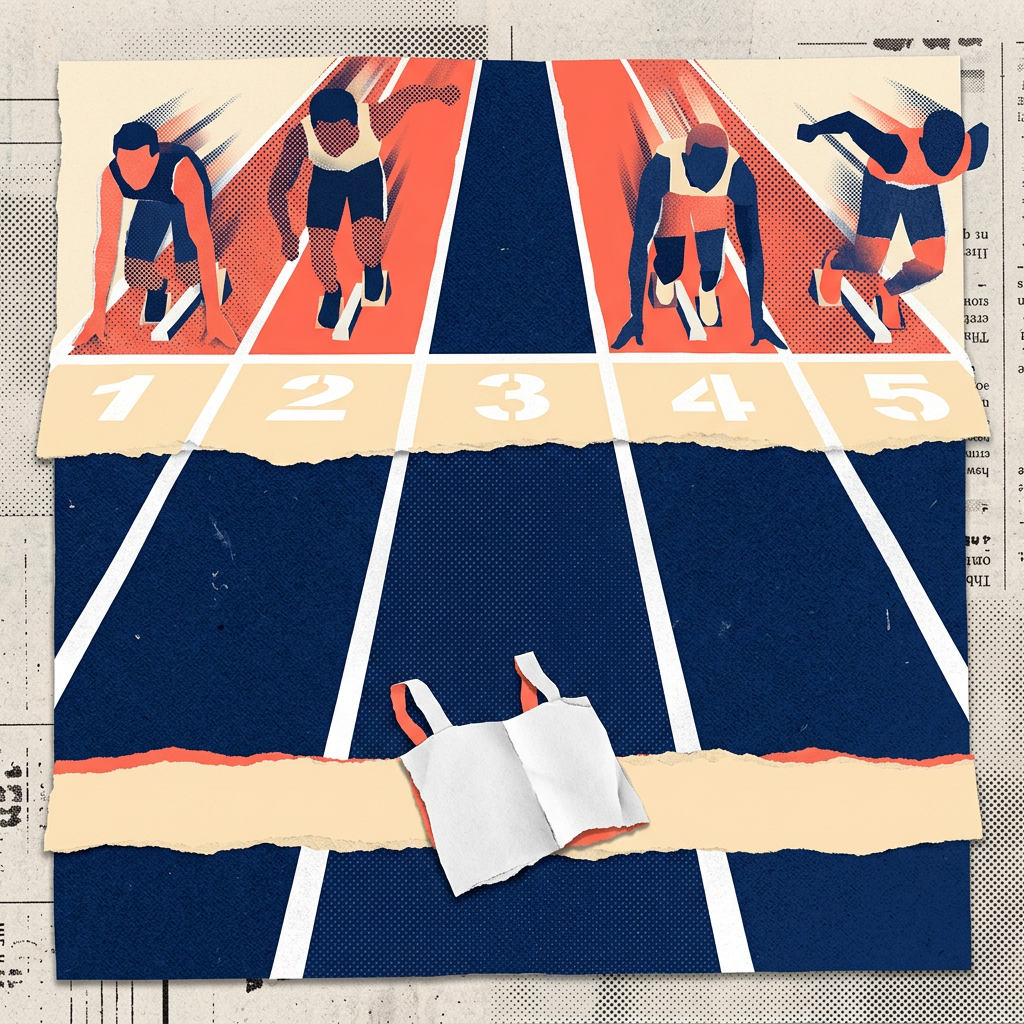 Four runners ready at starting blocks with an empty middle lane containing a white jersey