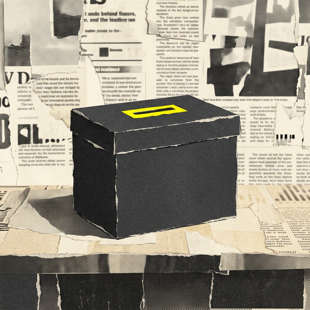 A black box with a yellow slot sits on top of torn newspaper pages