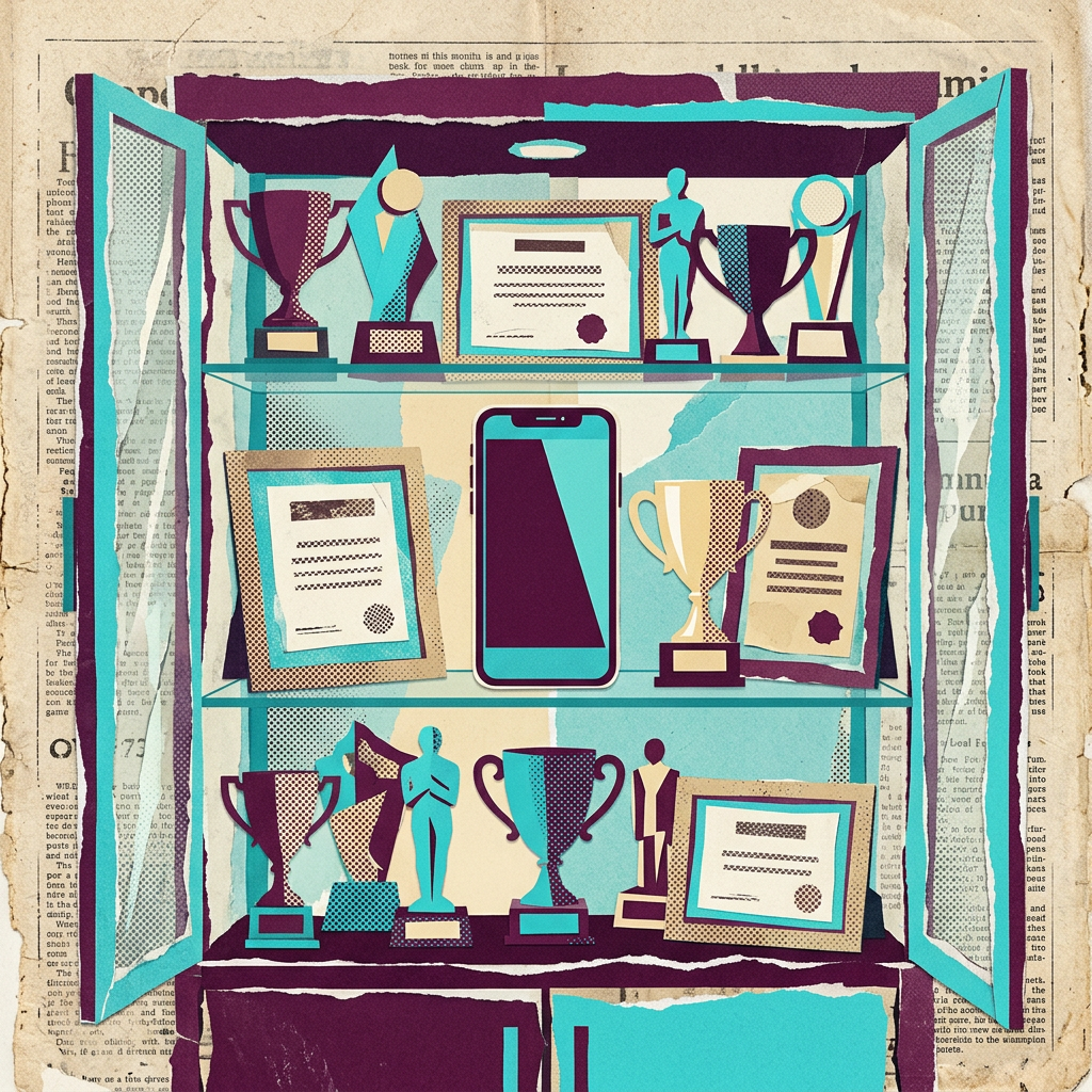 Paper cutout illustration of a display cabinet with trophies, framed certificates, and a central smartphone