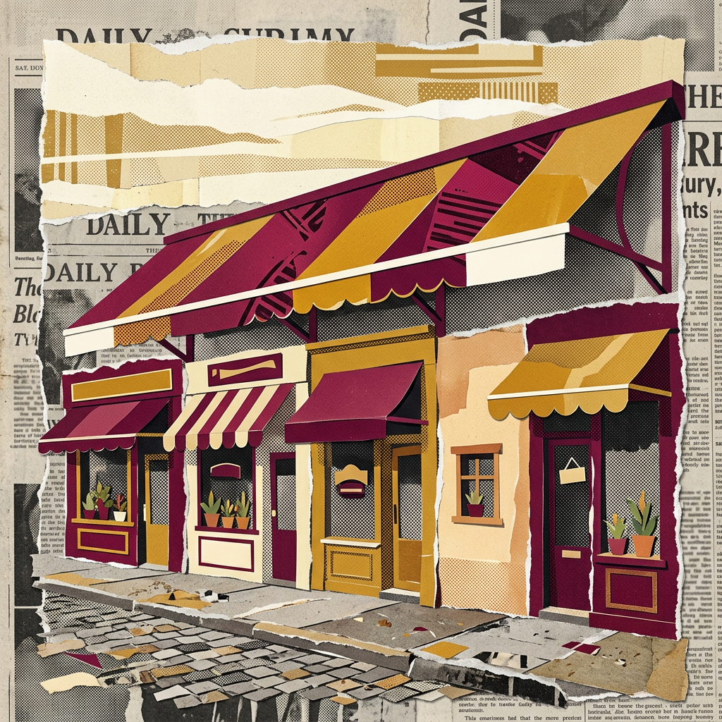 Collage artwork of a row of colorful storefronts with awnings on a torn newspaper background