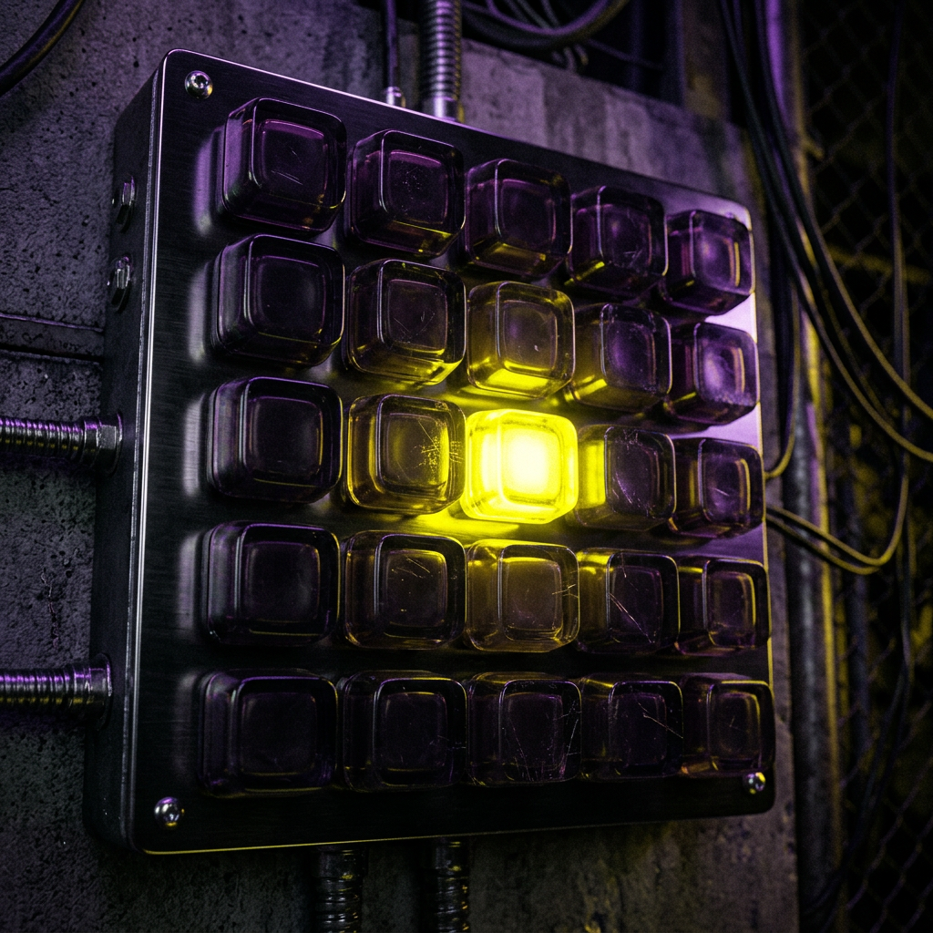 A single square button glows bright yellow on a dark grid panel mounted to a wall